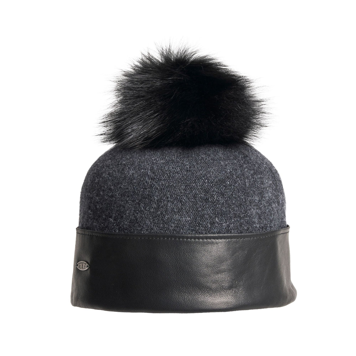 ORLANA-P ORMOS BEANIE WITH LEATHER AND UPCYCLED FUR POM