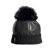 BELVA P - LEATHER PUFFER BEANIE WITH UPCYCLED FUR POM