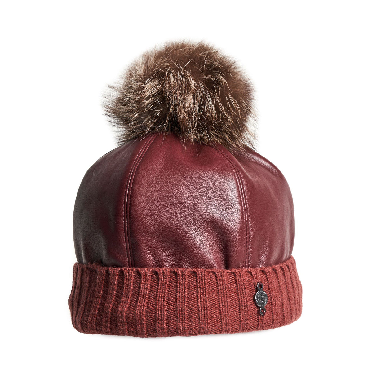 BELVA P - LEATHER PUFFER BEANIE WITH UPCYCLED FUR POM